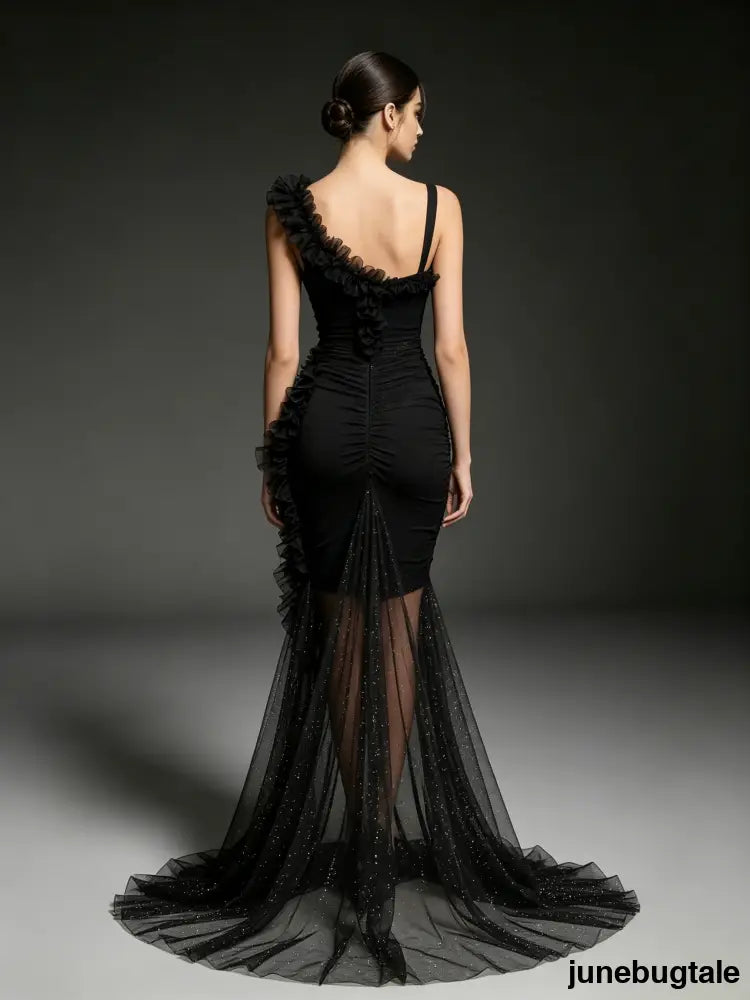 Black Chiffon Ruffle Trim Bodycon Midi Dress