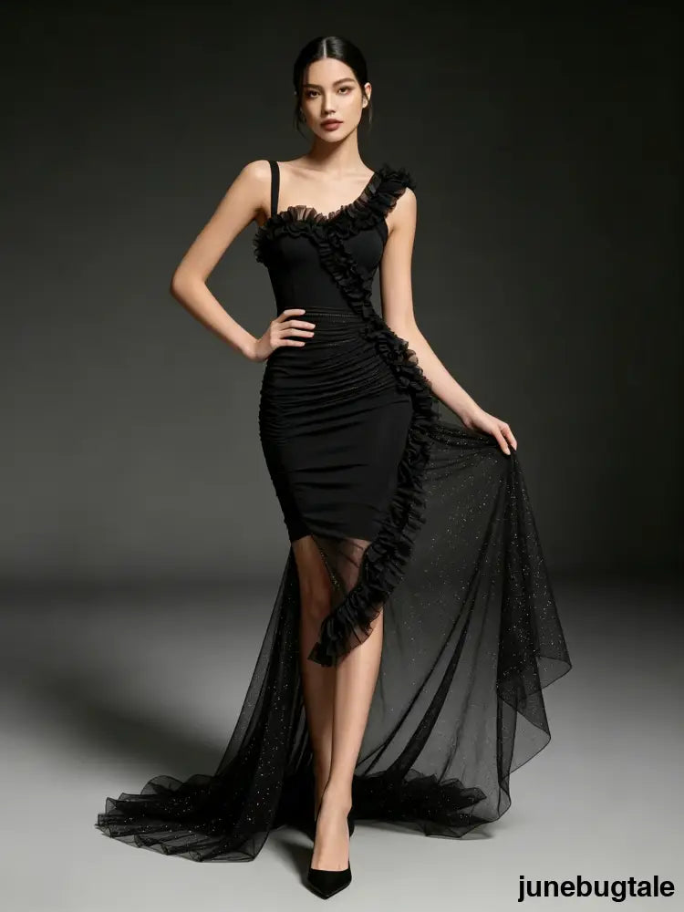 Black Chiffon Ruffle Trim Bodycon Midi Dress