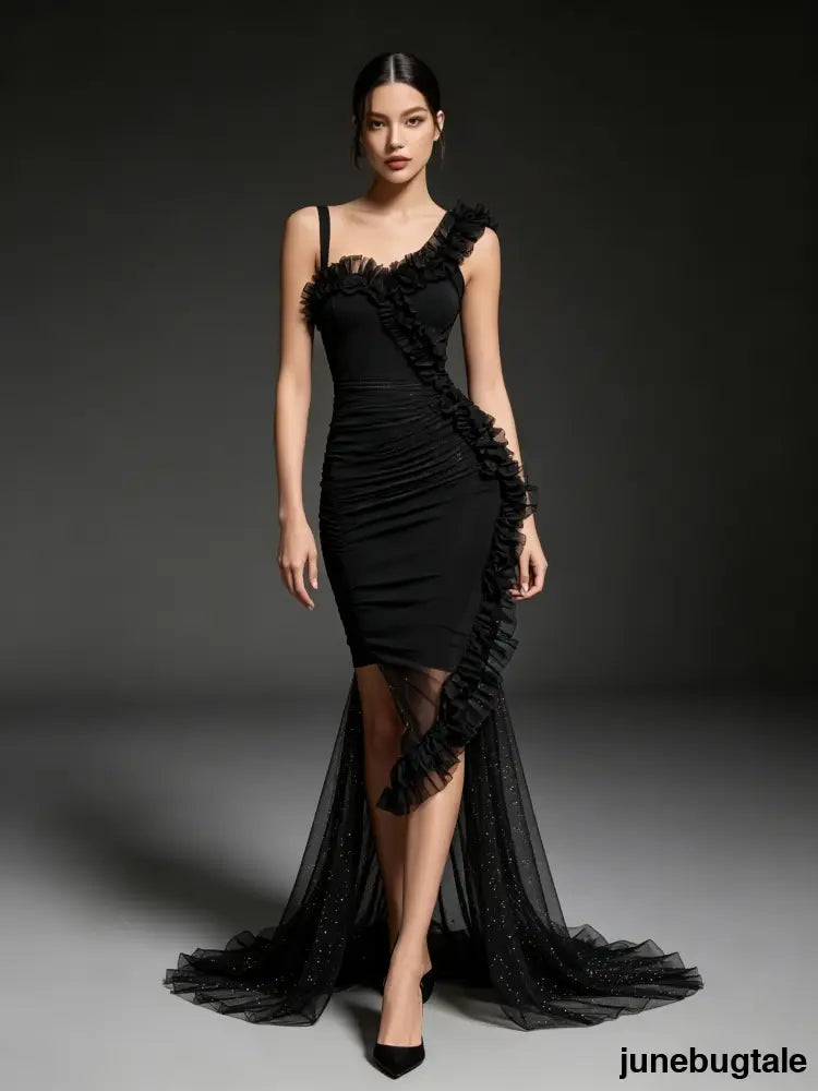 Black Chiffon Ruffle Trim Bodycon Midi Dress