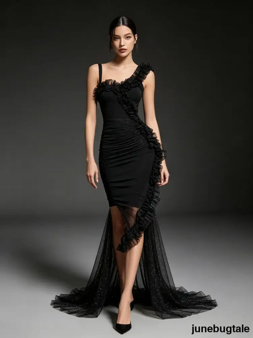 Black Chiffon Ruffle Trim Bodycon Midi Dress
