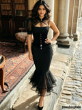 Black Mesh Puff Sleeve Mermaid Dress