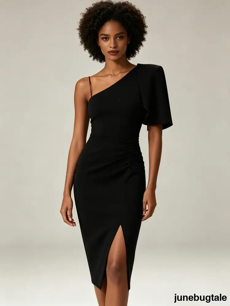 Black Puff Sleeve Cutout Midi Dress