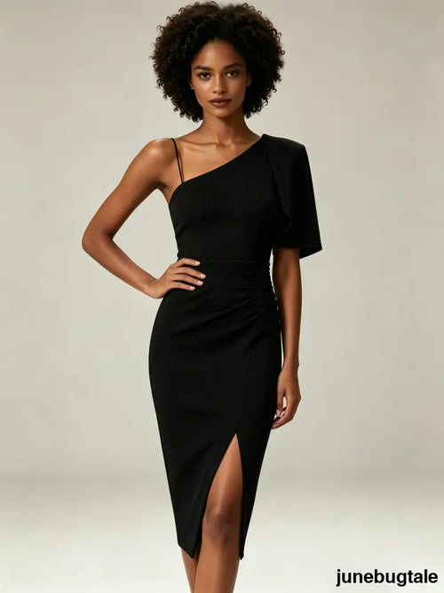 Black Puff Sleeve Cutout Midi Dress
