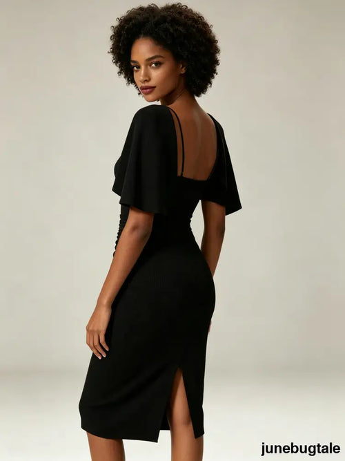 Black Puff Sleeve Cutout Midi Dress