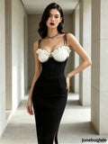 Black White Chiffon Ruffle Bust Midi Dress