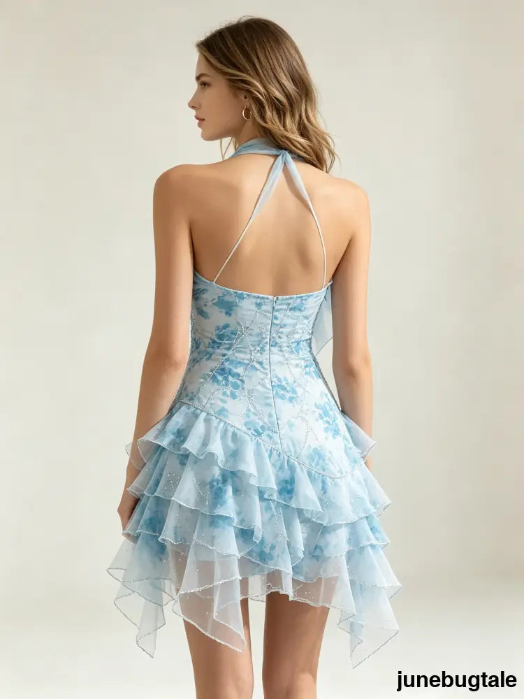 Blue Floral Print Bodycon Mini Dress