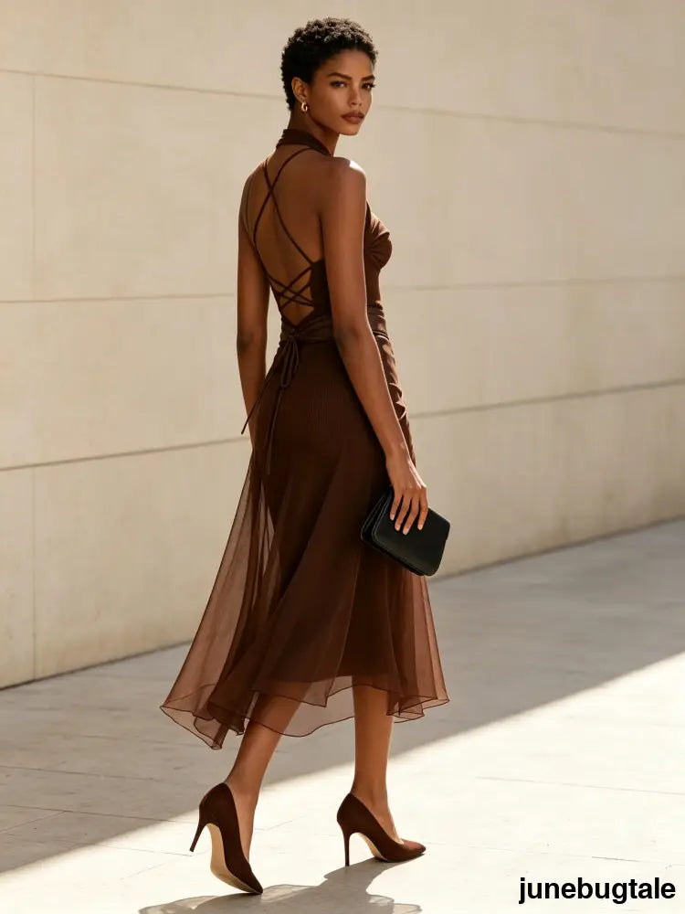 Brown Mesh Wrap Midi Bodycon Dress