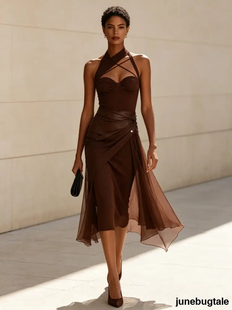 Brown Mesh Wrap Midi Bodycon Dress
