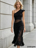 Chic Black Ruffle Detail Sleeveless Midi Dress