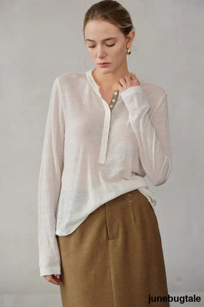 Color Block Placket Knit Top - White / S