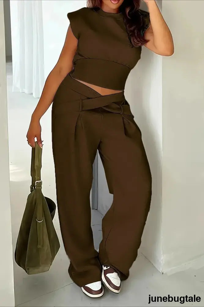 Cozy Drapey High Waist Floor Length Pants - Brown / S