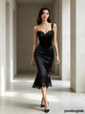 Elegant Black Satin Lace Trim Mermaid Dress