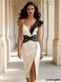 Elegant White Satin Lace V Neck Dress