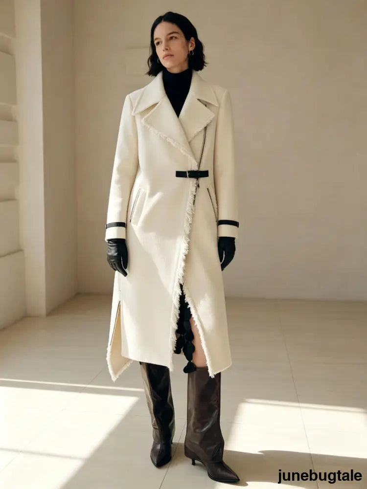 Fringe Trim Buckle Detail Long Coat