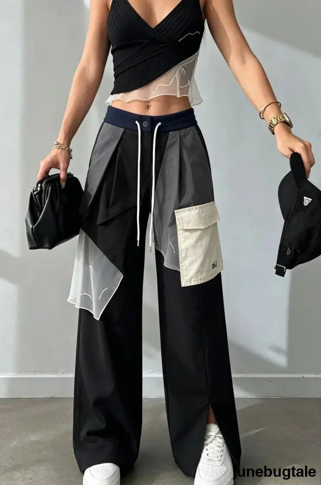 High Waist Straight Color Block Printed Office Casual Pants