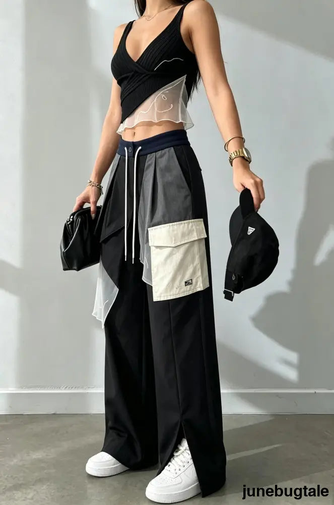High Waist Straight Color Block Printed Office Casual Pants