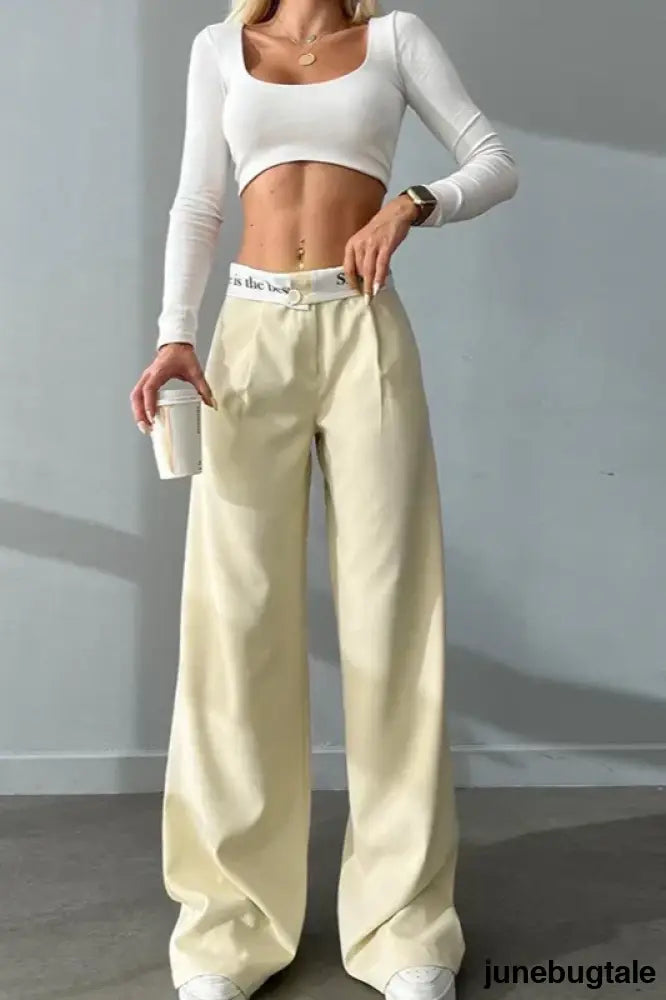 High Waist Straight Color Block Printed Office Casual Pants - Apricot / S