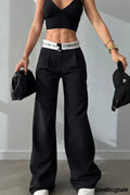 High Waist Straight Color Block Printed Office Casual Pants - Black / S