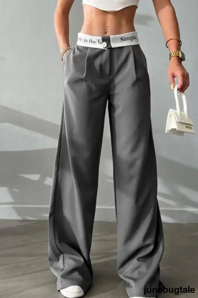 High Waist Straight Color Block Printed Office Casual Pants - Grey / S