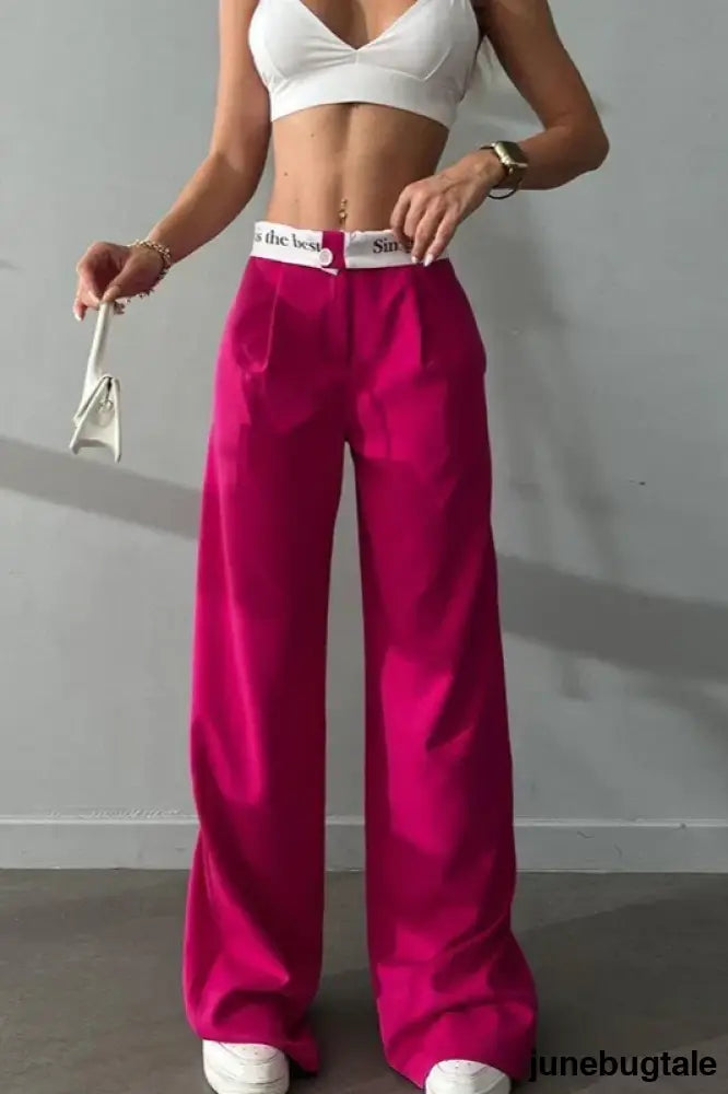 High Waist Straight Color Block Printed Office Casual Pants - Pink / S