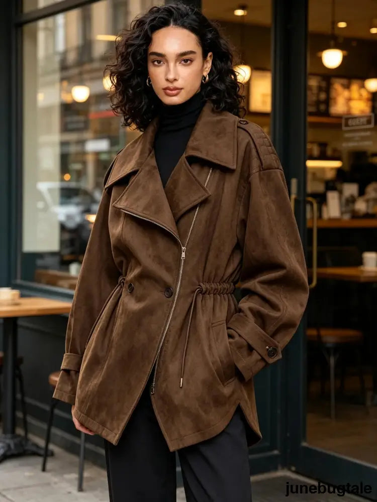 Lapel Suede Effect Belted Trench Coat
