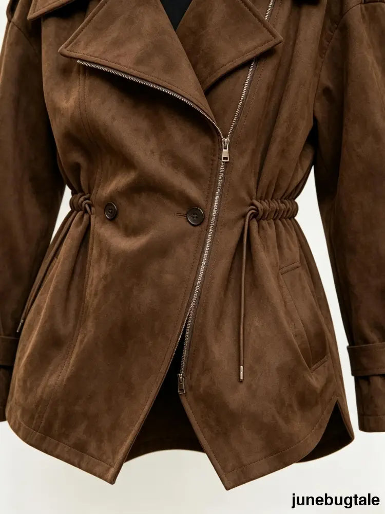 Lapel Suede Effect Belted Trench Coat