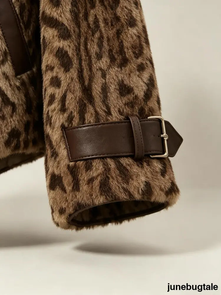 Leopard Print Lapel Faux Fur Coat