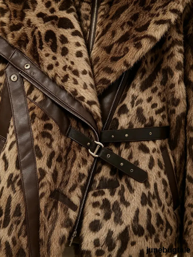 Leopard Print Lapel Faux Fur Coat
