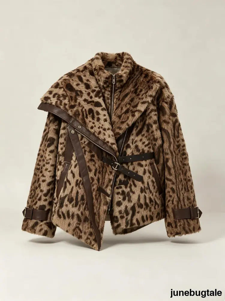 Leopard Print Lapel Faux Fur Coat