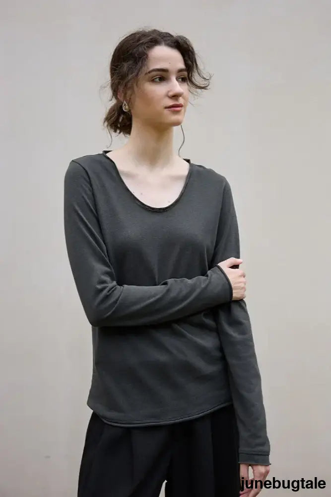 Linen Cotton Rolled Edge Knit Top - Grey / S