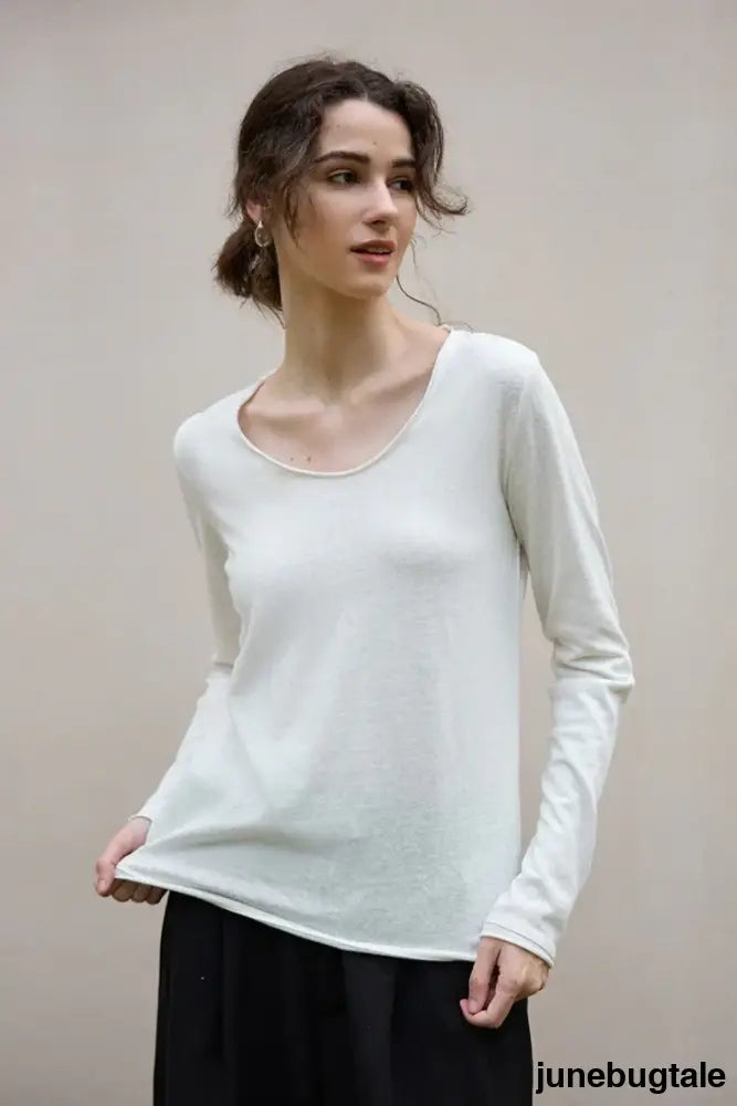 Linen Cotton Rolled Edge Knit Top - White / S