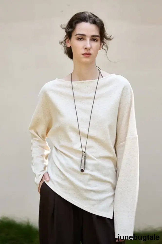 Linen Off Shoulder Slit Knit Top - Linen / S