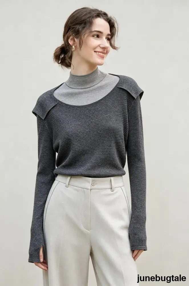 Lyocell Wool Side Slit Knit Top - grey / One Size