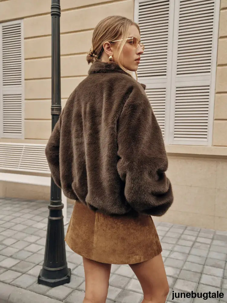 Metal Button Faux Fur Coat