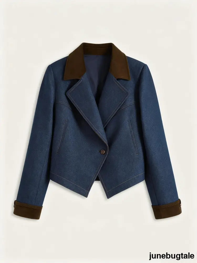 Metal Button Suede Collar Denim Jacket