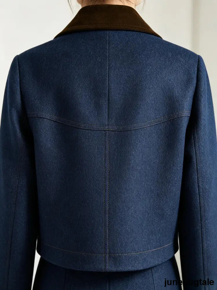Metal Button Suede Collar Denim Jacket