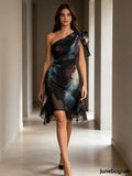One Shoulder Abstract Print Midi Dress