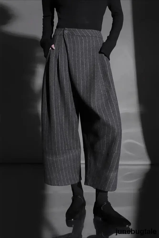 Relaxed Wide Leg Bootcut Wool Ankle Crop Pants - Gray-1 / S