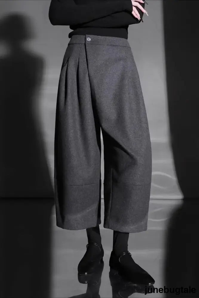 Relaxed Wide Leg Bootcut Wool Ankle Crop Pants - Gray-2 / S