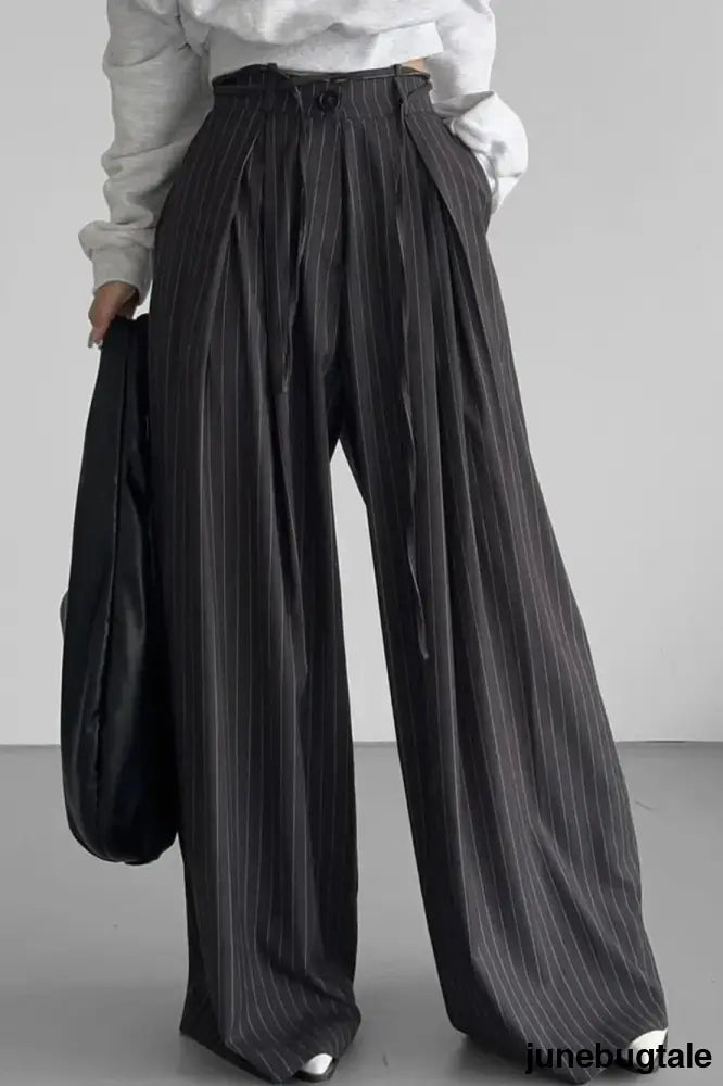 Retro Striped Slouchy High Waist Wide Leg Dress Pants - Black / S