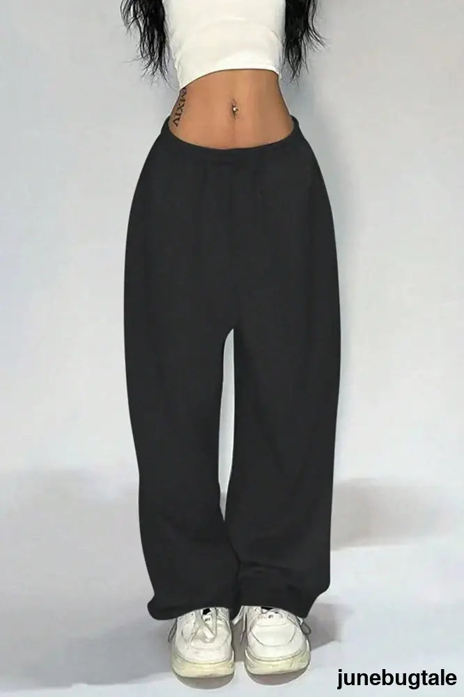 Street Trendy Loose Solid Wide Leg Straight Pants - Black / S