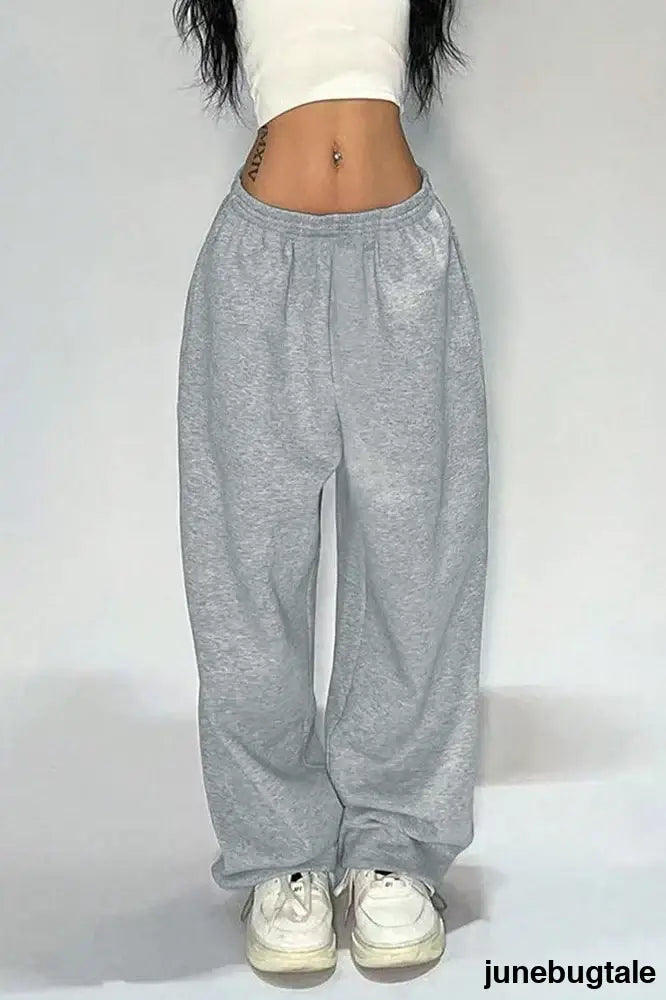 Street Trendy Loose Solid Wide Leg Straight Pants - Grey / S