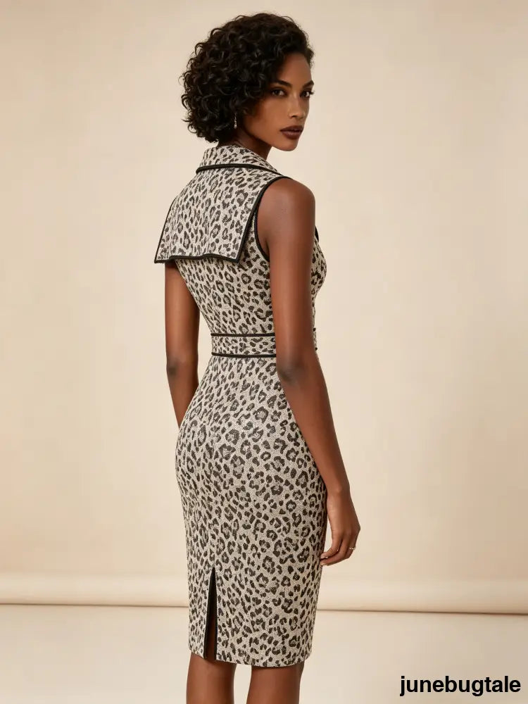 Stretchy Leopard Print Collared Bodycon Dress