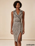 Stretchy Leopard Print Collared Bodycon Dress