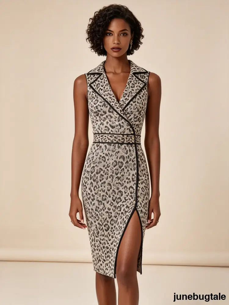 Stretchy Leopard Print Collared Bodycon Dress