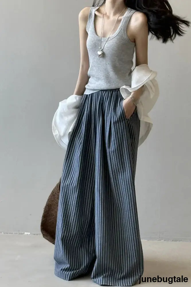 Striped High Waisted Wide Leg Straight Pants
