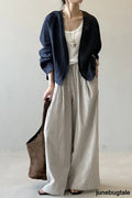 Striped High Waisted Wide Leg Straight Pants - Apricot / M
