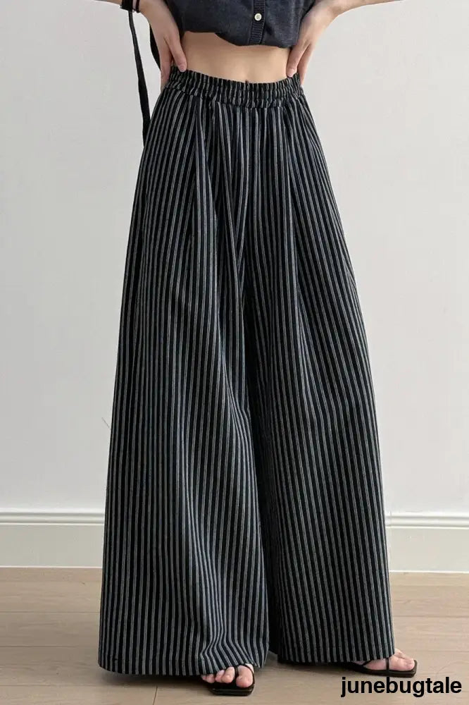 Striped High Waisted Wide Leg Straight Pants - Black / M