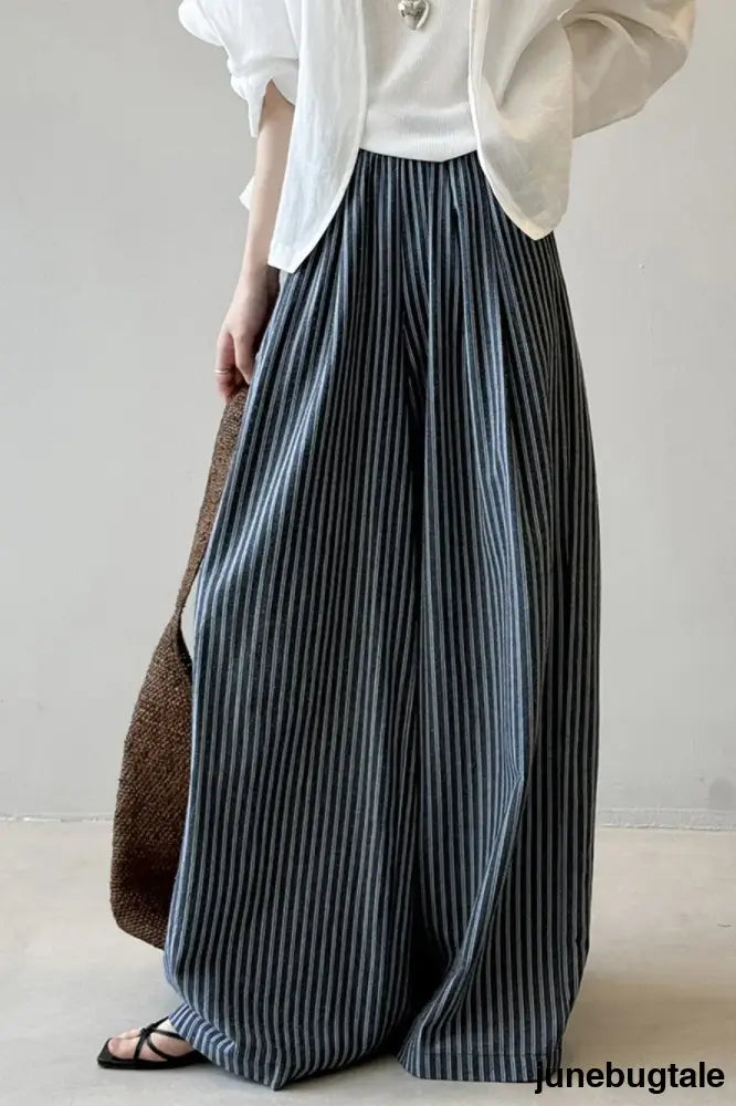Striped High Waisted Wide Leg Straight Pants - Navy / M