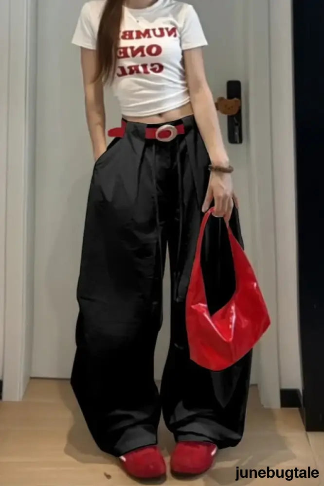 Vintage American Loose Slim Fit Wide Leg Cargo Pants - Black / S